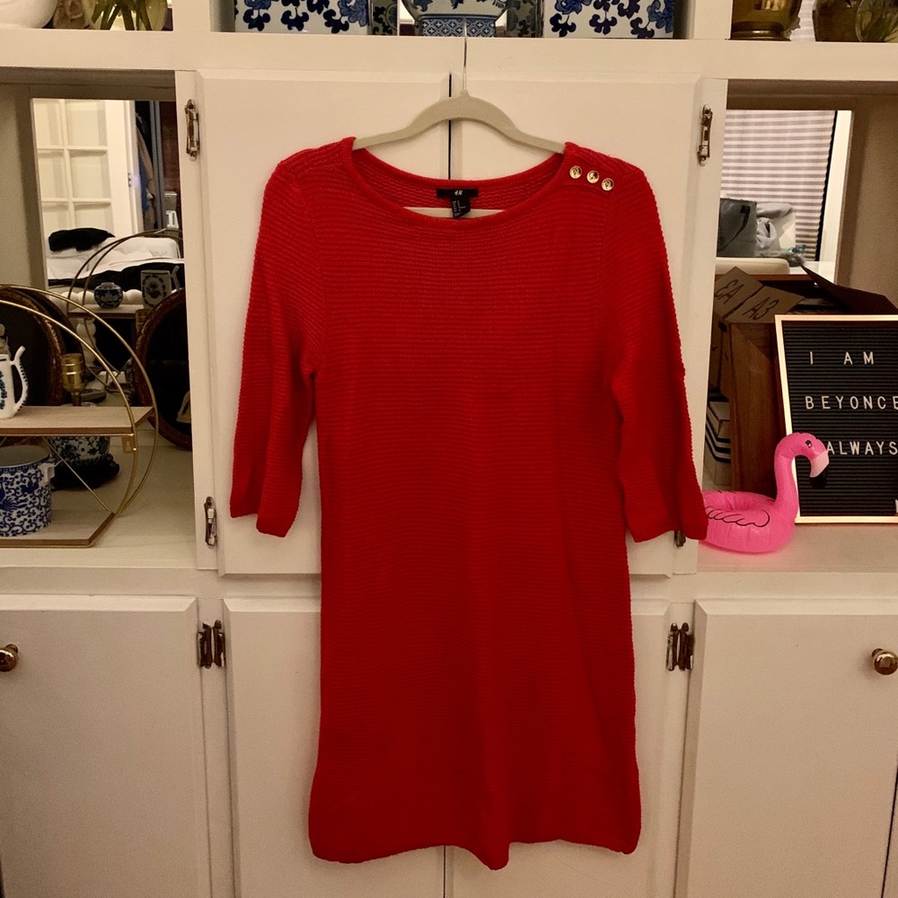 Red Ribbed Sweater Dress with Gold Button Details